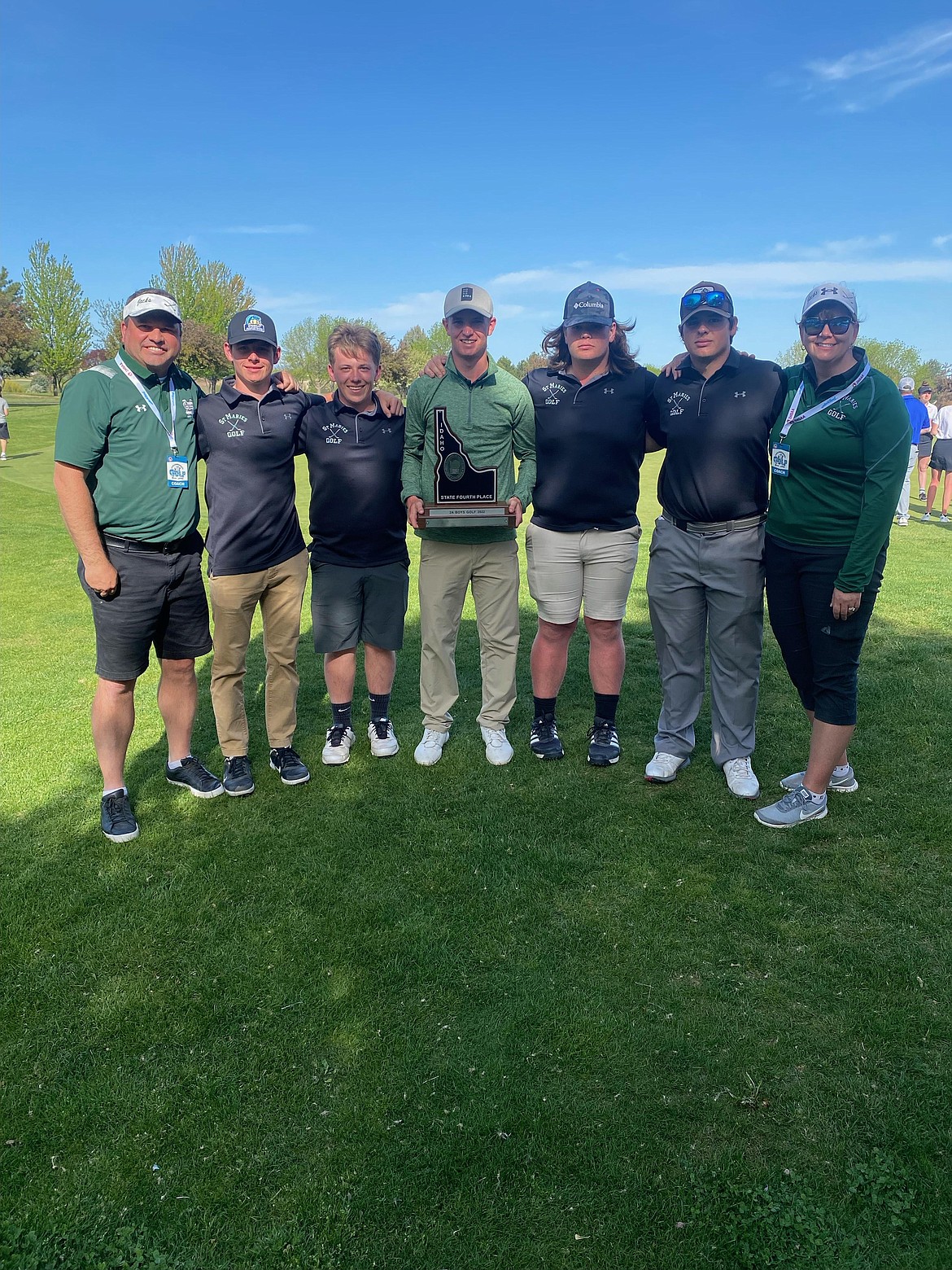 Courtesy photo
The St. Maries boys golf team finished fourth in the state 2A tournament at River Burch Golf Course in Star on Tuesday. From left, are: St. Maries boys golf coach Bryan Chase, Lance Hamblin, Corbin Scheer, Greyson Sands, Landon Warren, Seth Swallows and St. Maries girls golf coach Becky Harold.