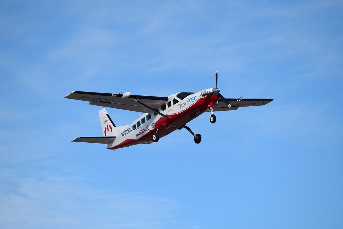 A Cessna Caravan converted by electric aircraft motor making MagniX and AeroTEC flying over the Grant County International Airport in May 2020. The two companies will be producing similar hybrid-electric aircraft under a deal with Los Angeles-based Surface Air Mobility and expect the first of the hybrid planes to fly in 2024.