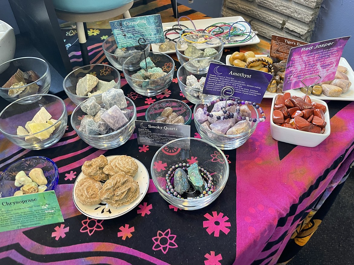 Healing crystals on display for sale at Seeds ‘n Stone Natural Therapeutic Products. Many people believe such crystals help manage a variety of health issues.