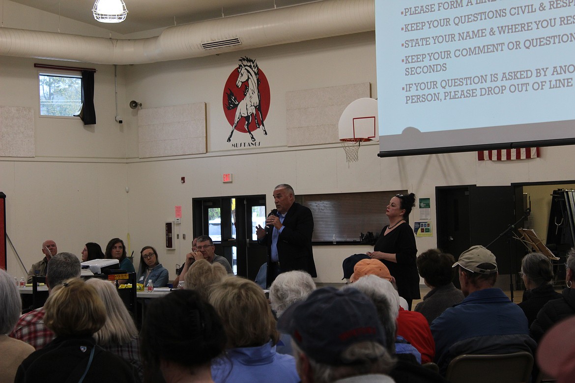 Flathead County Commissioner Randy Brohdel addresses a crowd of residents at a May 18 meeting on a proposed project in Lakeside that includes an alpine coaster. (Taylor Inman/Daily Inter Lake)