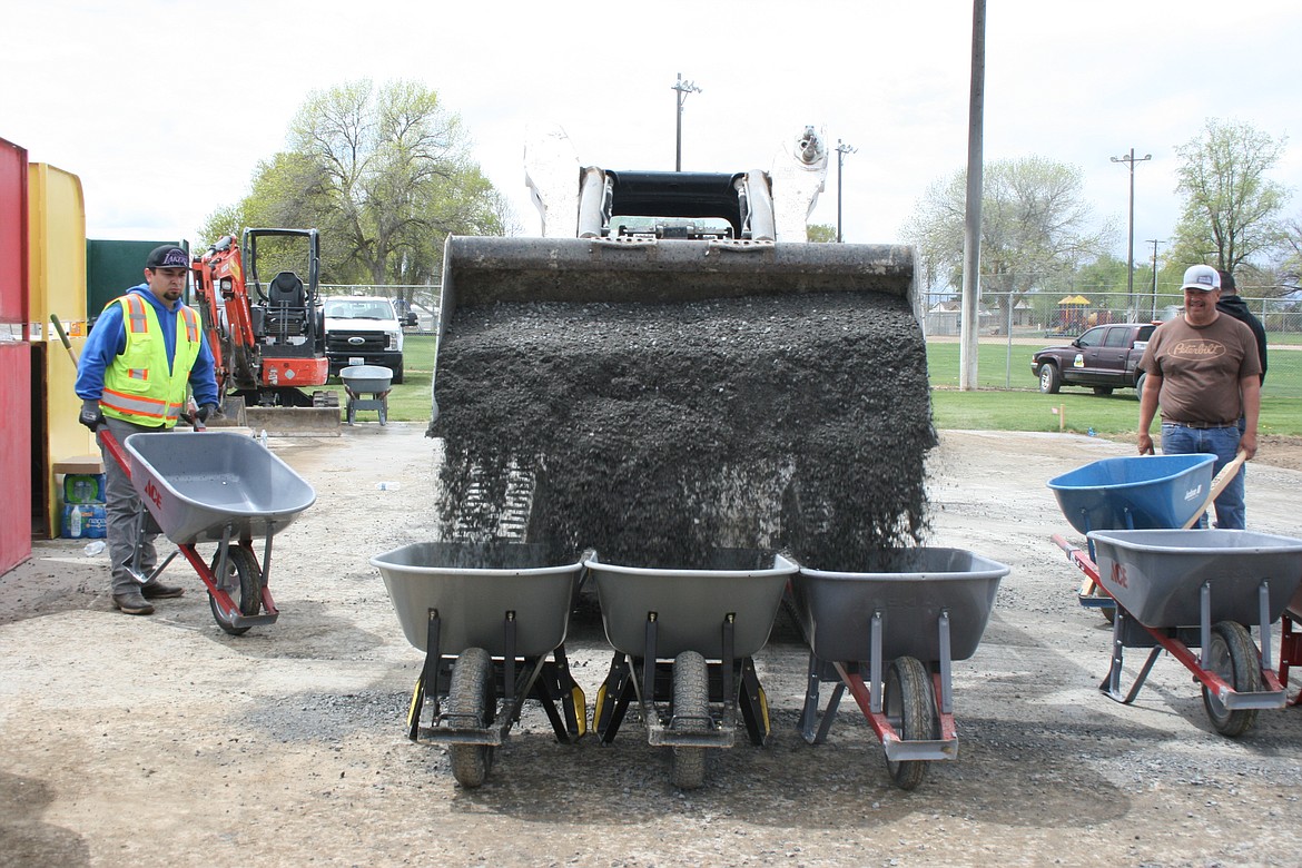 Wheelbarrows are filled with rock, ready to be wheeled out on the new pump track under construction in Quincy’s East Park