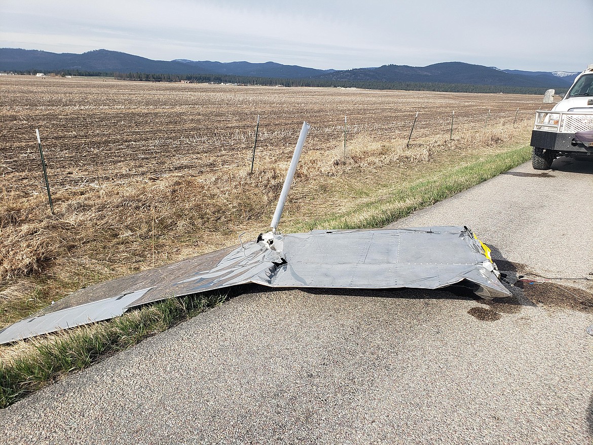 The right wing of the Bearhawk that crashed in the West Valley on April 30. A preliminary report released by the NTSB indicated the wing separated from the plane prior to impact. (Carol Marino/Daily Inter Lake)
