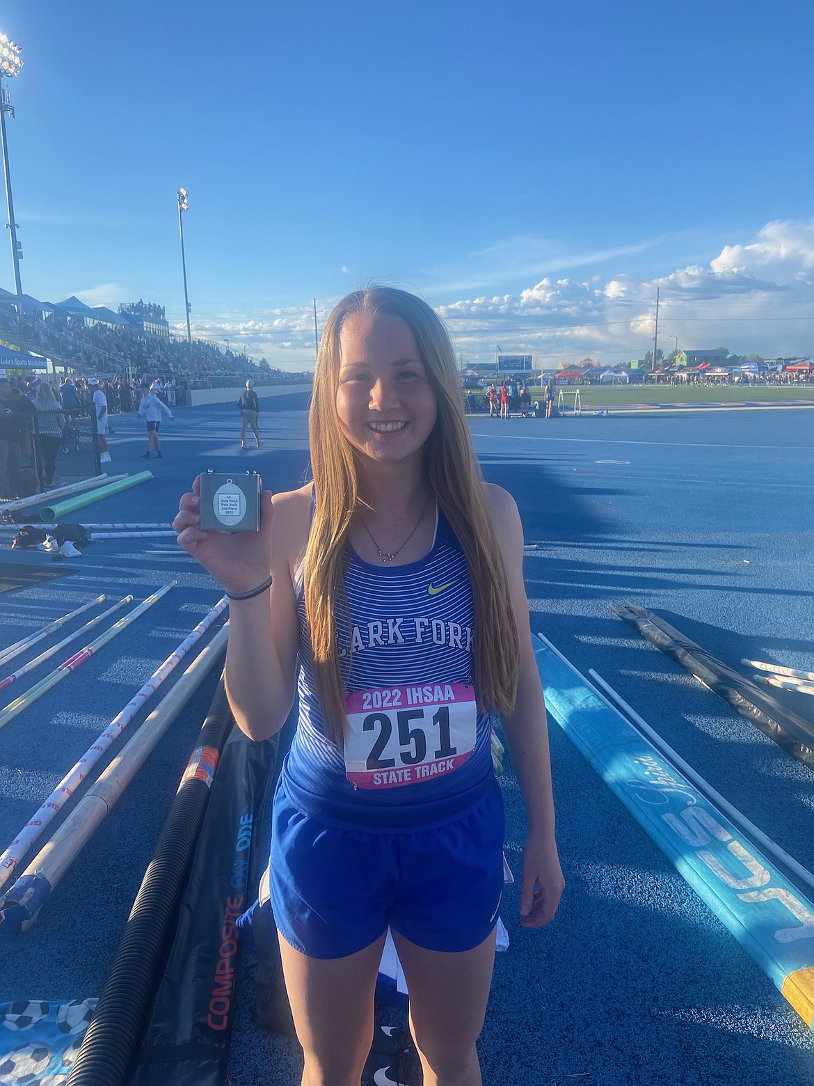 Savannah Weymouth poses with her second place medal following the Idaho Class 1A state track meet.