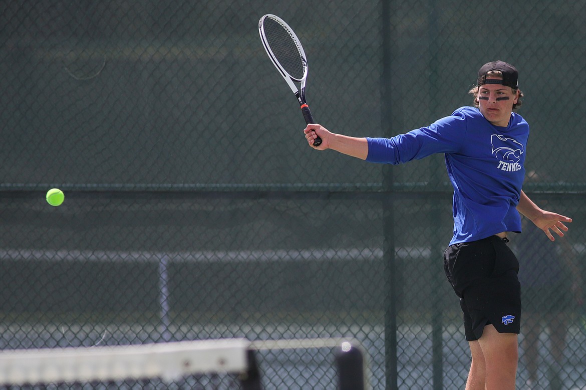 Columbia Falls’ doubles player Cody Schweikert makes a play at the Northwest A Divisional tennis tournament at FVCC on Friday, May 20(JP Edge/Hungry Horse News)
