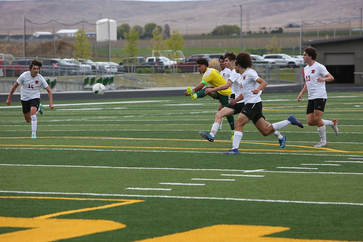 Quincy’s Jorge Nunez takes a shot on the goal in the Jackrabbit’s 3-2 loss to Seattle Academy on May 20, 2022.