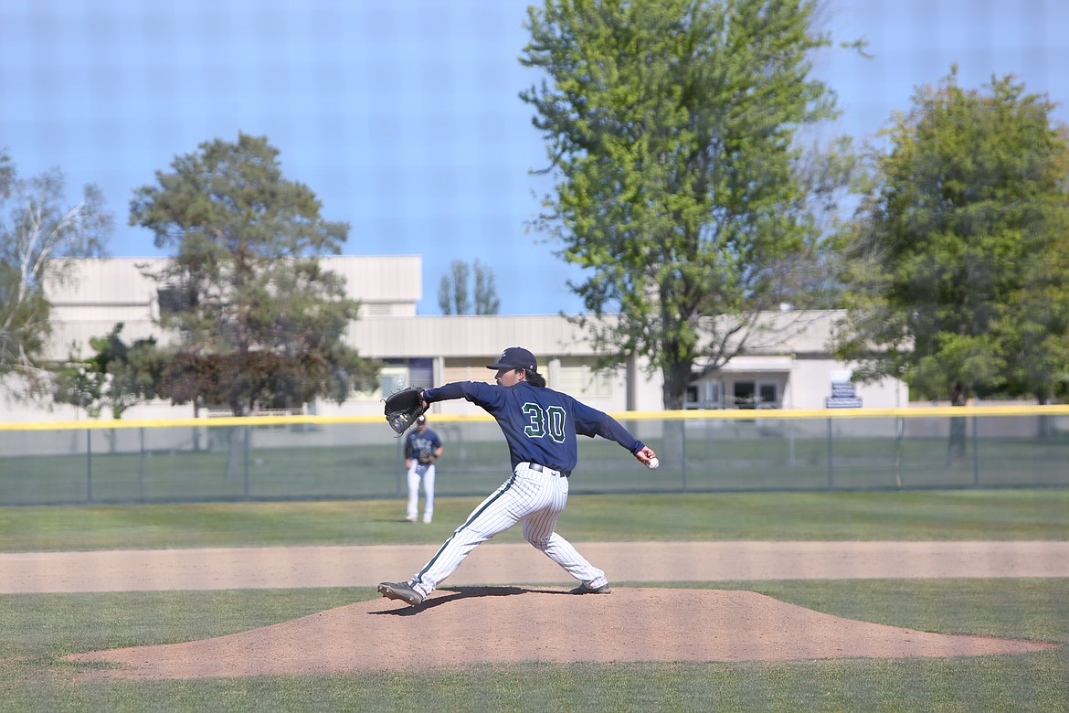 Viking right-handed pitcher Zakaia Michaels amid his pitch in Big Bend’s 10-9 loss to Mount Hood on May 21, 2022