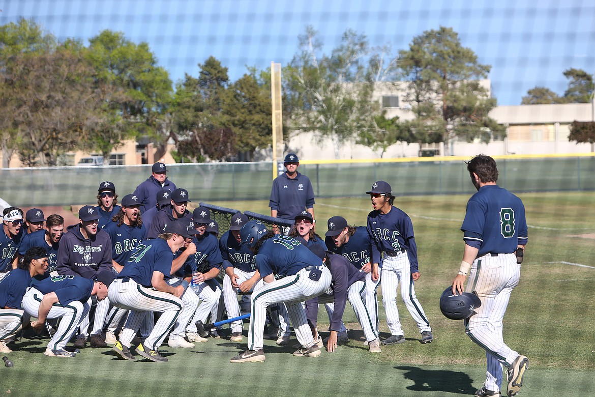 Brandham Ponce celebrates among his teammates after hitting a home run in Big Bend’s 10-9 loss to Mount Hood on May 21, 2022