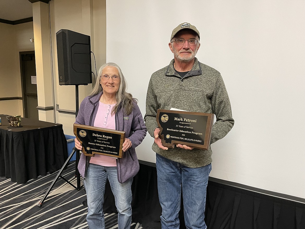 Montana Fish, Wildlife & Parks honored the service of its west-central Montana (Region 2) hunter and bowhunter education volunteer instructors recently in Missoula.  Deb Regan of Superior, and Mark Petroni of the Missoula area were honored for 35 years of service as an instructor for Hunter Education.