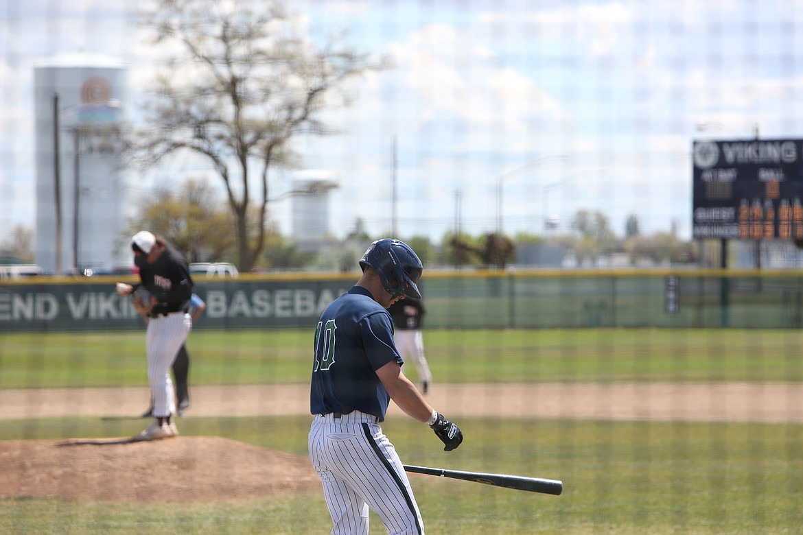 Big Bend’s Gabe Passey walks up to the batter's box in the Viking’s 19-7 win over Mount Hood. Passey had two doubles and 3 RBI in the win.