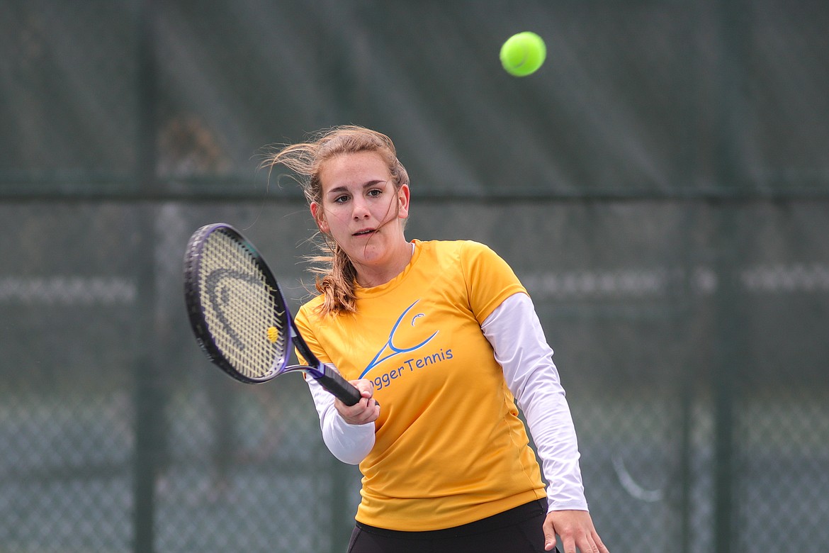 Libby's Jenna Hammond plays a match on Thursday, May 19 at the Northwest A Divisional tournament at Flathead Valley Community College. (JP Edge photo)