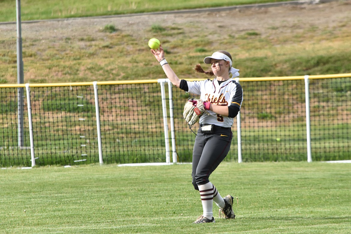 Ali Stanley (5), a junior for Moses Lake fastpitch, throws the ball in from centerfield on Friday during the matchup against Eastmont.