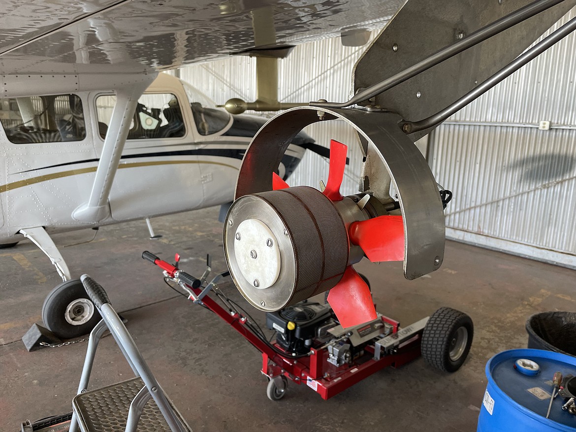 A special sprayer nozzle attached to the wing of Grant County Mosquito Control District 1’s Cessna Skymaster 337.