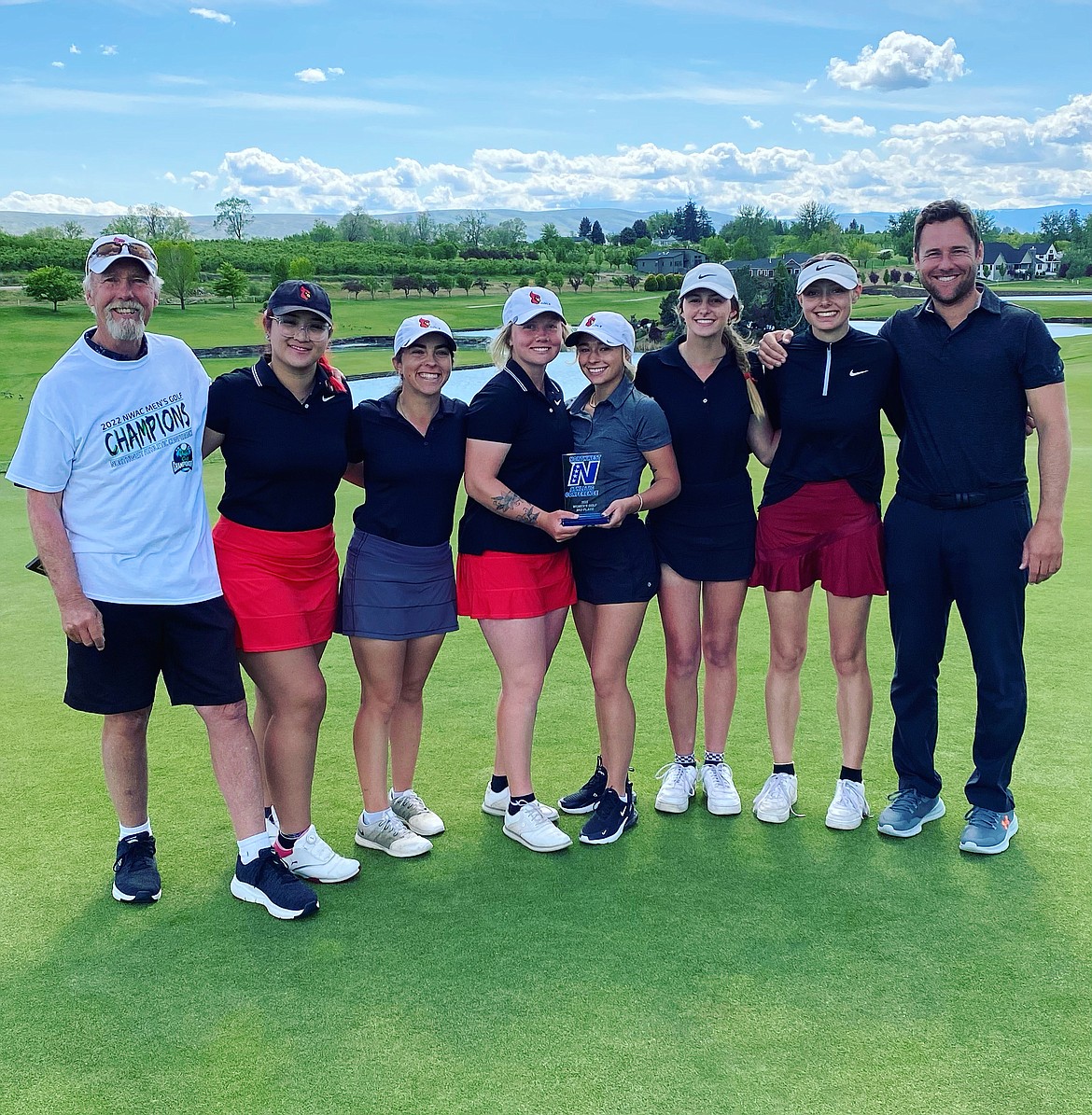 Courtesy photo
The North Idaho College women's golf team finished third at the Northwest Athletic Conference championships Monday at the Apple Tree Golf Course in Yakima, Wash. From left is NIC assistant coach Russ Grove, Bella Gopwani, Emily Elliott, Megan Light, Kaitlin O'Connor, McKenly Day, Navy Woods and head coach Russell Grove.