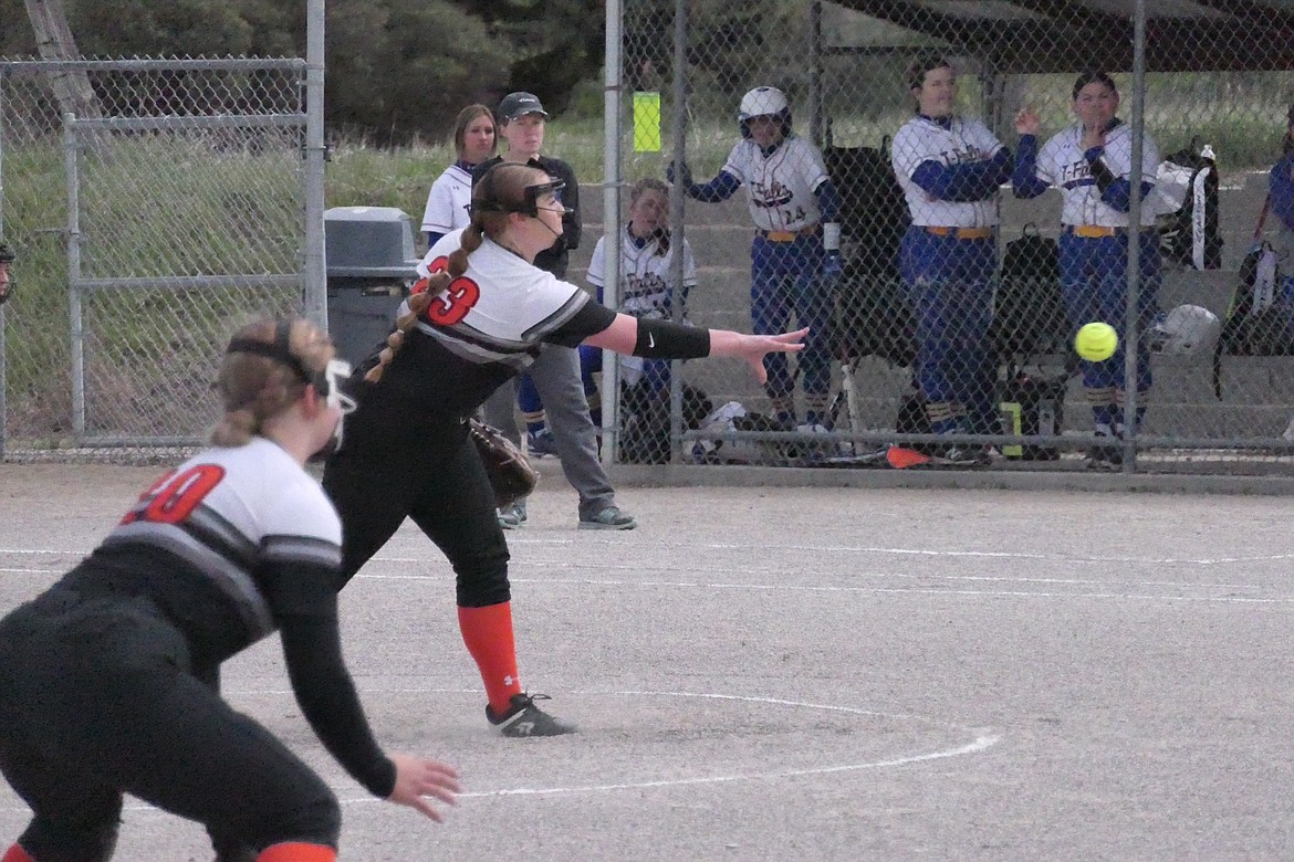 Plains pitcher Celsey VonHeeder sends a pitch toward home in the Trotters Divisional softball tournament win over Thompson Falls this past Thursday.  (Chuck Bandel/VP-MI)