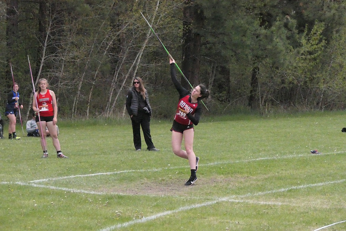 Noxon's Emily Brown turns loose a throw during the girls javelin competition at this past weekend's Divisional track meet at Frenchtown High School. (Chuck Bandel/VP-MI)