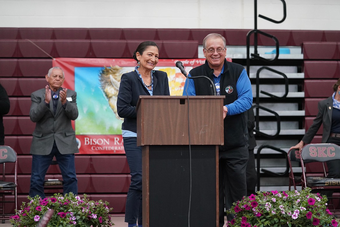 Secretary of the Interior Deb Haaland marks the transfer of the National Bison Range to the Bureau of Indian Affairs while on the Flathead Reservation on Saturday, May 23. The roughly 18,800-acre area will be held in a trust for the Confederated Salish and Kootenai Tribes. (Photo courtesy the U.S. Department of the Interior)