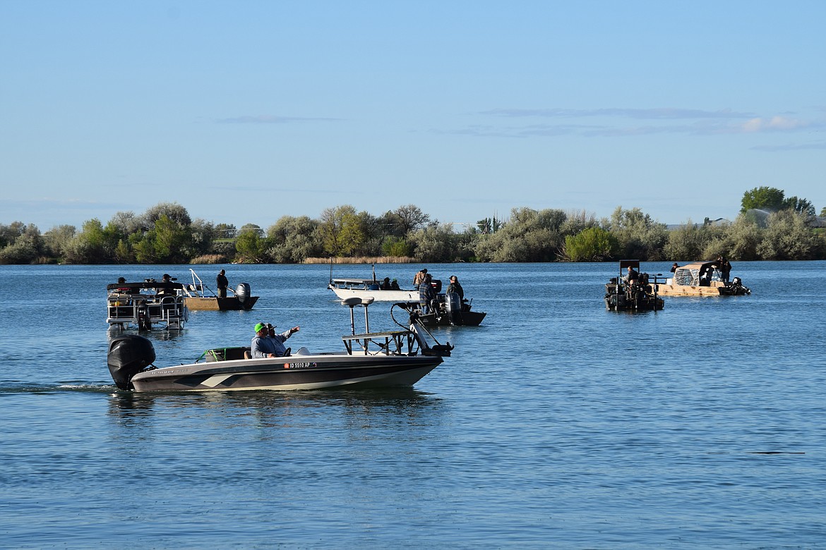 Some of the 38 boats getting ready to hunt carp on Moses Lake last Saturday morning during the Moses Lake Carp Classic.