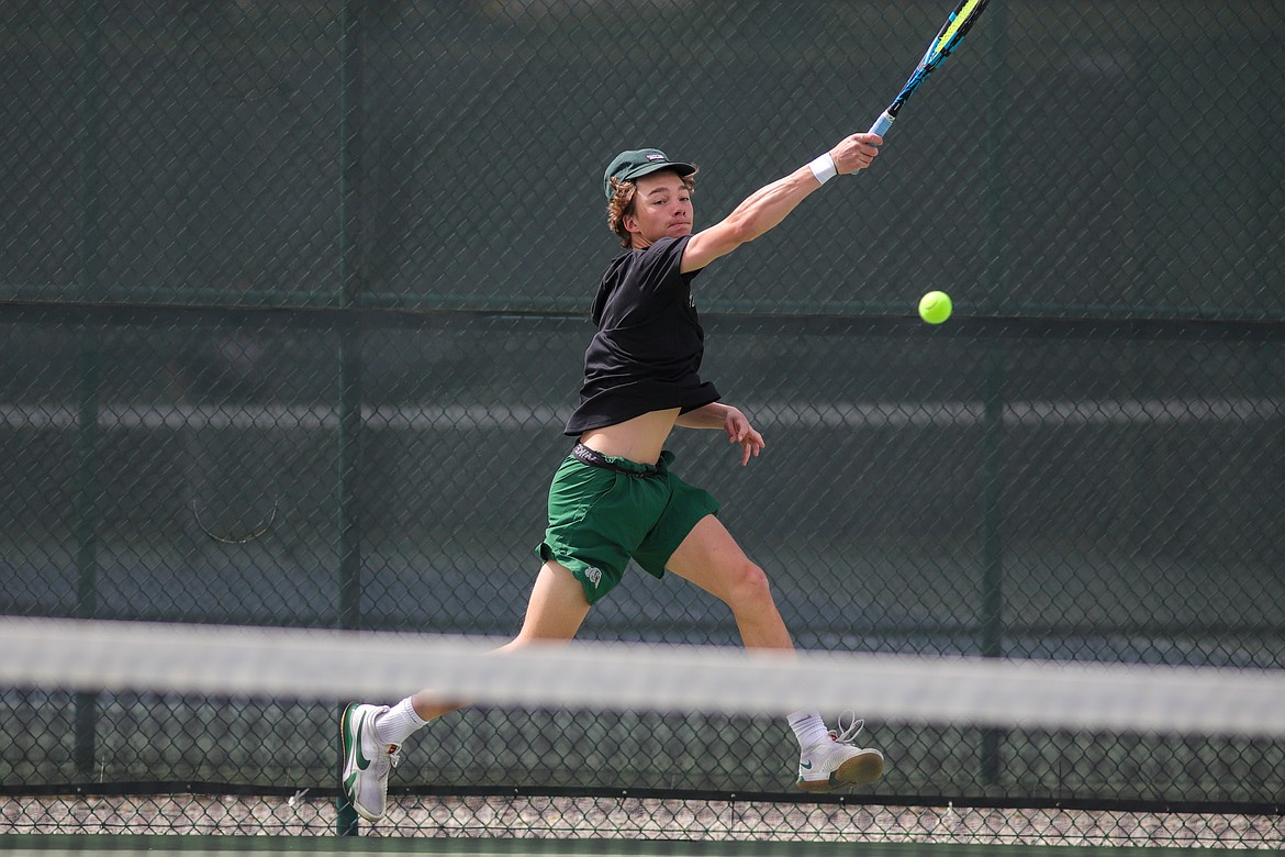 Whitefish's Jesse Burrough strikes the ball during the Northwest A Divisional at FVCC on May 20. (JP Edge photo)