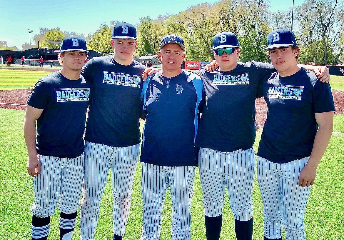 Four Badger Baseball Players were selected as Intermountain League All-League Players this year. From left: Teigan Banning, Trey Bateman, Coach Tom Turpin, Bo Bateman and Blake Rice.