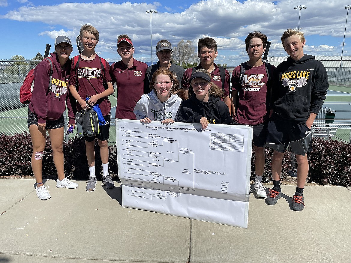 The Moses Lake tennis team poses after Malika Warnick and Amelie Gregoire punched their tickets to state.