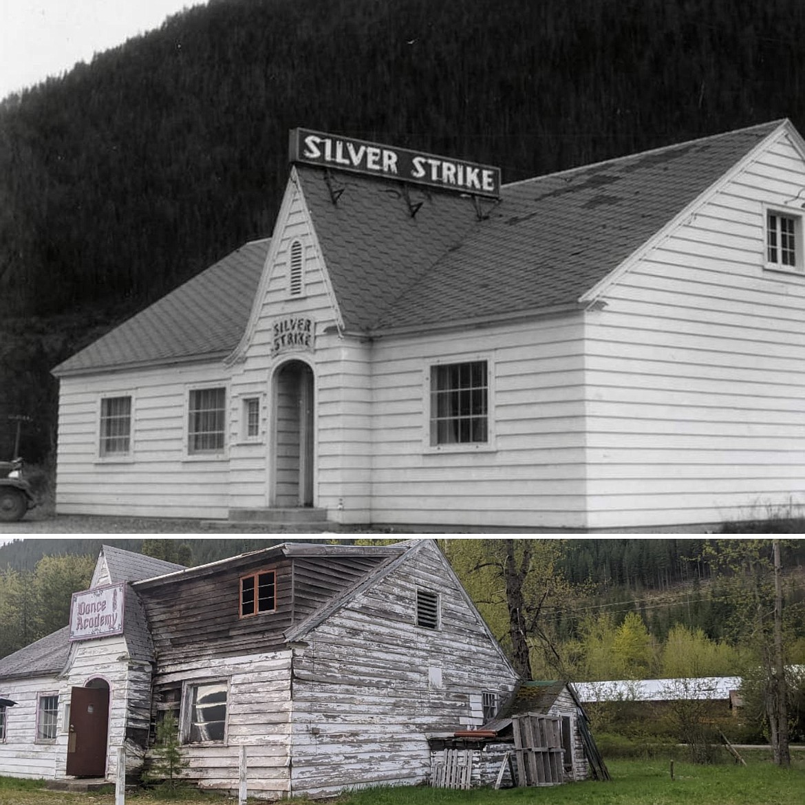TOP: Silver Strike Tavern from the Barnard Stockbridge Collection from the 1930s. BOTTOM: Current state of the structure.