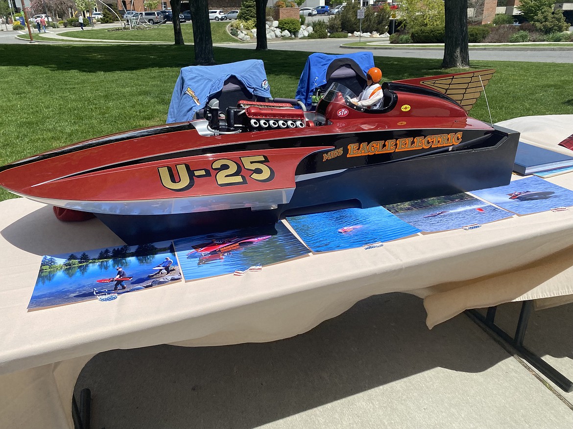 A model of the Miss Eagle Electric, a hydroplane racing boat that Lt. Col. Warner Gardner was driving when he suffered a catastrophic crash in 1968. The boat was owned by the late Dave Heerensperger, whose daughter and extended family traveled to Coeur d'Alene on behalf of the re-dedication of the memorial following its repair and restoration.