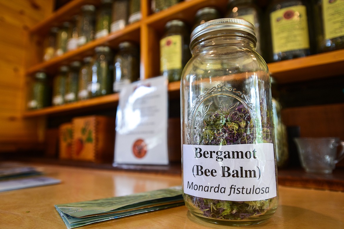 A jar of bergamot among other medicinal and culinary organic herbs at SpiritWorks Trilogy near Whitefish on Thursday, May 26. (Casey Kreider/Daily Inter Lake)