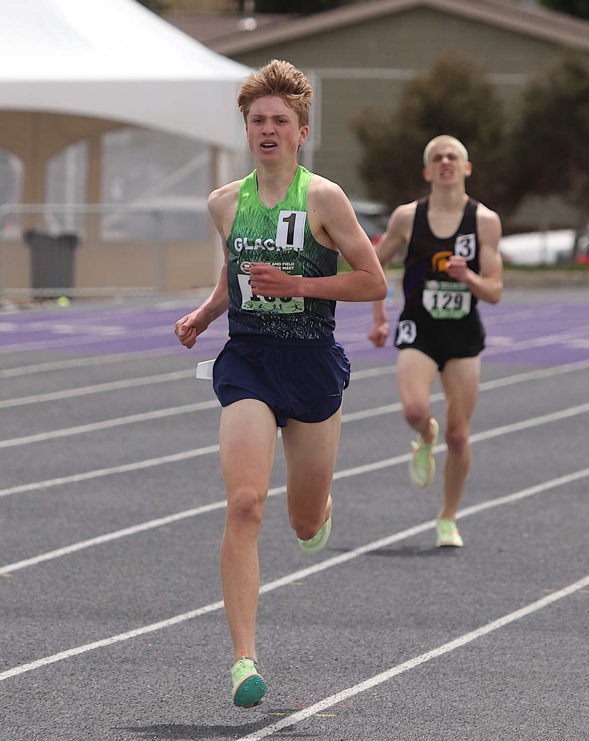 Glacier's Sam Ells runs the boys 1,600 meters at the State AA track and field championships in Butte on Friday, May 27. (Bill Foley/ButteSports.com)