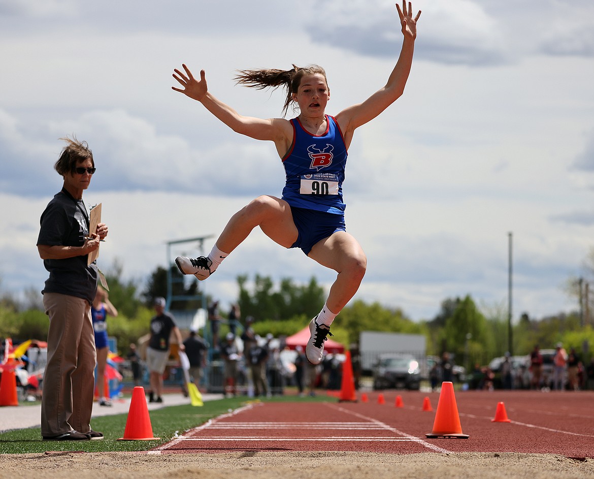 Bigfork's Emma Pouwers competes in the long jump at the State B track and field championships in Great Falls on Friday, May 27. Powers jumped 15 feet, 11 1/4 inches for fourth place. (Jeremy Weber/Daily Inter Lake)