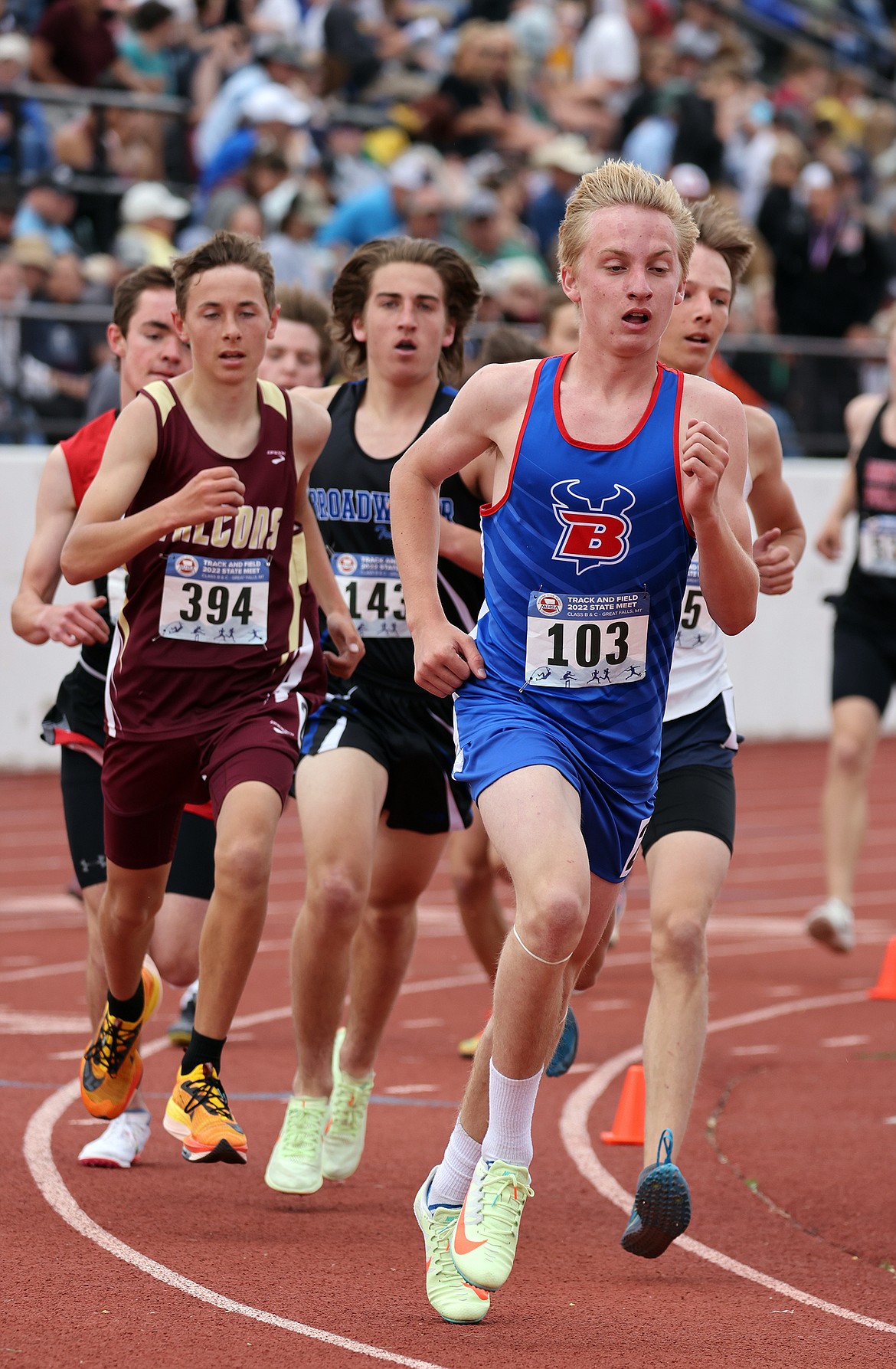 Bigfork's Jack Jensen runs to second place in the boys 800-meter race at the State B track and field championships in Great Falls on Friday, May 27. (Jeremy Weber/Daily Inter Lake)