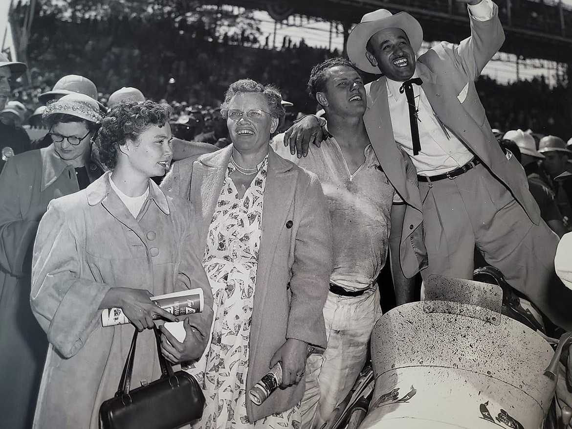 Courtesy photo
From left, Beverly (Troy's wife), Mary Ruttman (Troy's mom), Troy Ruttman and J.C. Agajanian, owner of the No. 98 car, after Troy won the Indy 500 in 1952 at age 22 — still the youngest to win the "Greatest Spectacle in Racing."