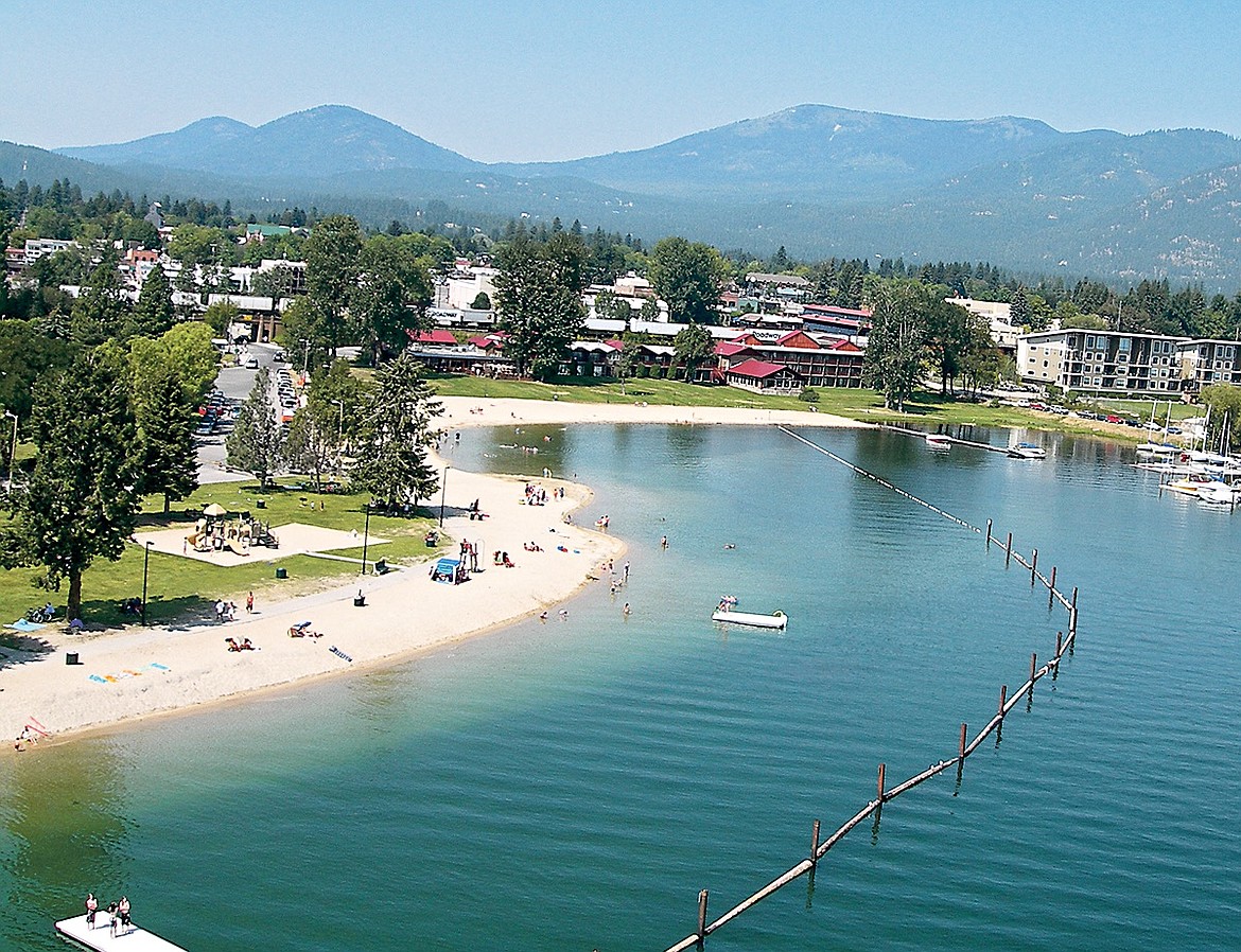 An aerial view of Sandpoint City Beach.