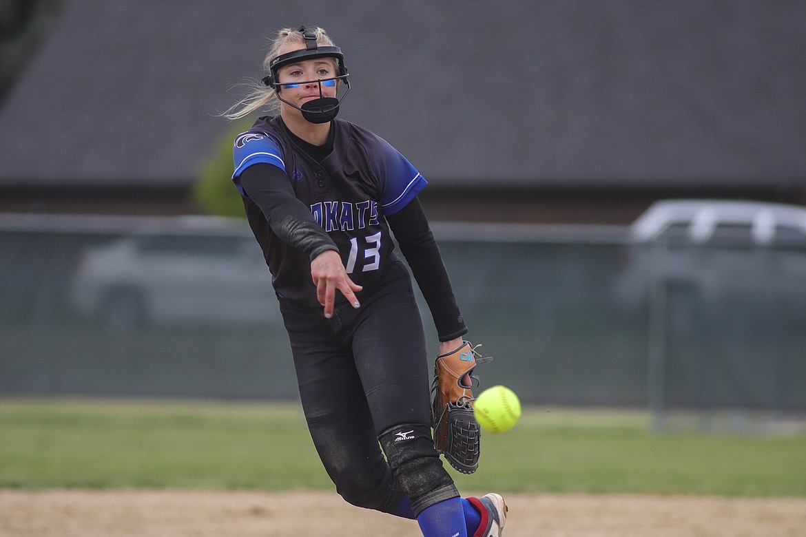 Columbia Falls’ Sydney Mann pitches against Polson at the State A softball tournament in Hamilton on Saturday, May 28. (JP Edge/Hungry Horse News)