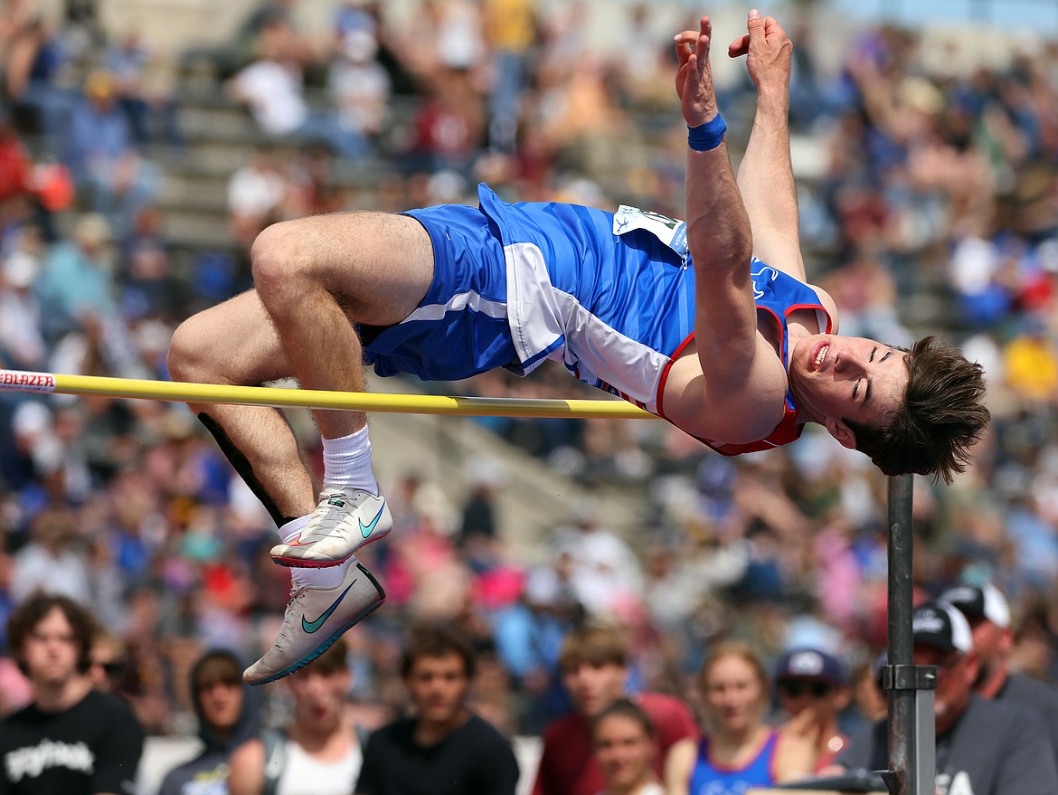 Bigfork’s George Bucklin clears 6 feet, 7 inches to win the State B boys high jump in Great Falls on Saturday, May 28. (Jeremy Weber/Daily Inter Lake)