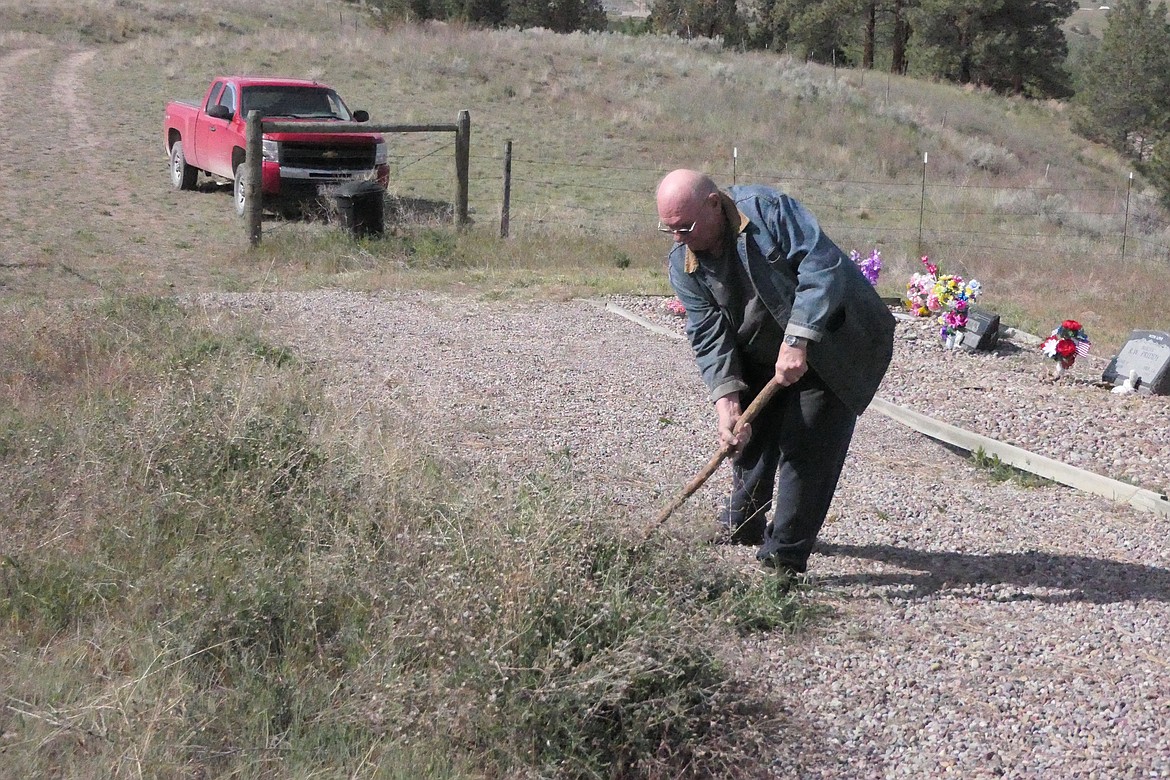 Oleschlager tackles a row of weeds among the headstones and marker of the Dixon Cemetery during a clean-up outing last week in preparation for Memorial Day.  (Chuck Bandel/VP-MI)