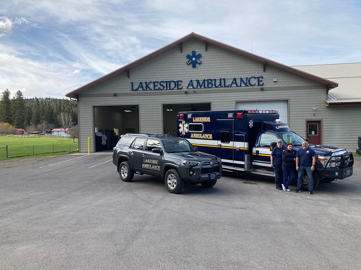 Lakeside Ambulance/QRU responders pictured from left to right: LeDawn Friesen-Dyck, 21 years with Youth With A Mission (YWAM), as strategic international missions coordinator; Lori Hanson, who works at Kalispell OB/GYN as an EMT/nurse and is also a volunteer firefighter with South Kalispell Fire Department and mother of three; David Streeter, retired military and law enforcement and an advanced EMT.