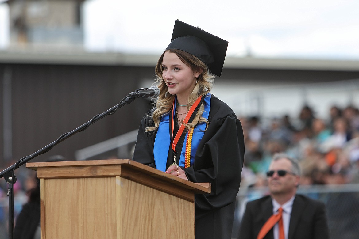 Salutatorian Kambrie Rubel speaks at the Ronan High School graduation on May 29, 2022. (JP Edge/Hungry Horse News)