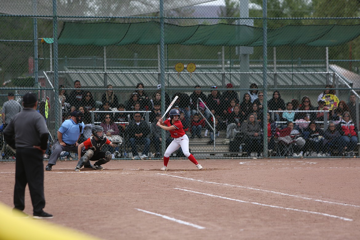 Othello sophomore Amarie Guzman waits for a pitch in the Lady Huskies’ 6-0 win over West Valley on May 27, 2022.