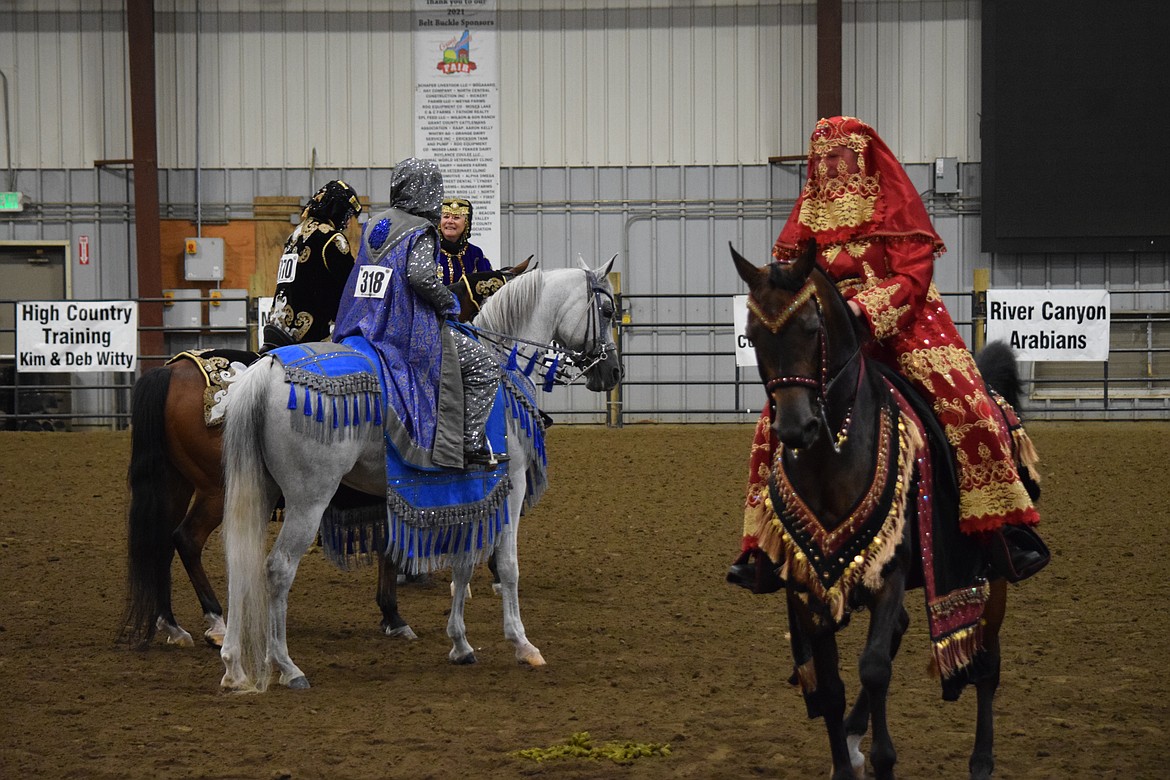 Riders of Arabian horses in “native costume” following the end of the competition on Saturday evening during the Inland Empire Arabian Horse Club’s annual Memorial Day Classic in Moses Lake.