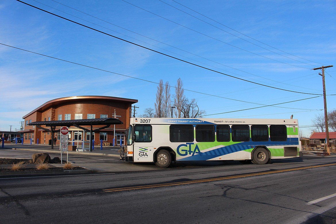 A Grant Transit Authority bus stops to pick up passengers at the GTA Moses Lake facility in 2018. The GTA’s aging fleet has recently been given some new blood in the form of three clean diesel buses.