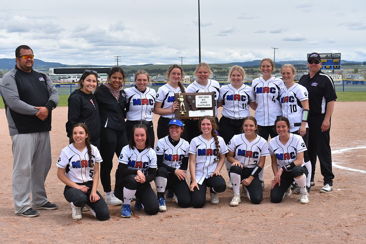 The Mission-Arlee-Charlo Lady Bulldogs pose with their second place hardware after their runnerup finish at the 2022 State BC softball tournament held at the D’Autremont Complex in Lewistown. Pictured, left to right, back row: Asst Coach Jesse Nesper, Asst Coach Shelby Shourds, Princess Bolen, (#1) Gabby Smith (3b), (#8) Xaria Jacobson (ut), (#25) Bennan Andersen (dp), (#11) Payton Smith (p/if), (#4) Izzy Evans (p/if), (#10) Kate Young (c), Coach Shane Reum. Front Row: (#5) Rheid Crawford (2b), (#14) Amelia Cronk (ut), (#9) Cassidy Orr (lf), (#15) Lettie Umphrey (rf), (#3) Jerny Crawford (ss), (#7) Hayleigh Smith (cf). Photo courtesy of Jen Reum