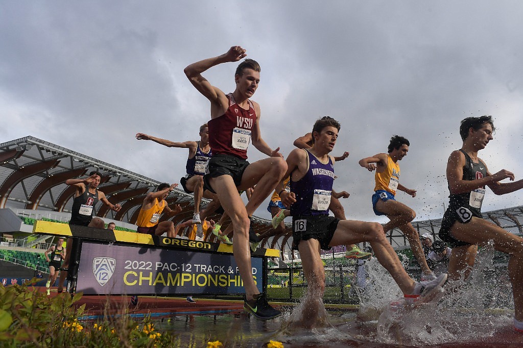 WSU grad transfer Colton Johnson makes runs along during the men’s 3000m steeplechase at the Pac-12 Championships on May 14.