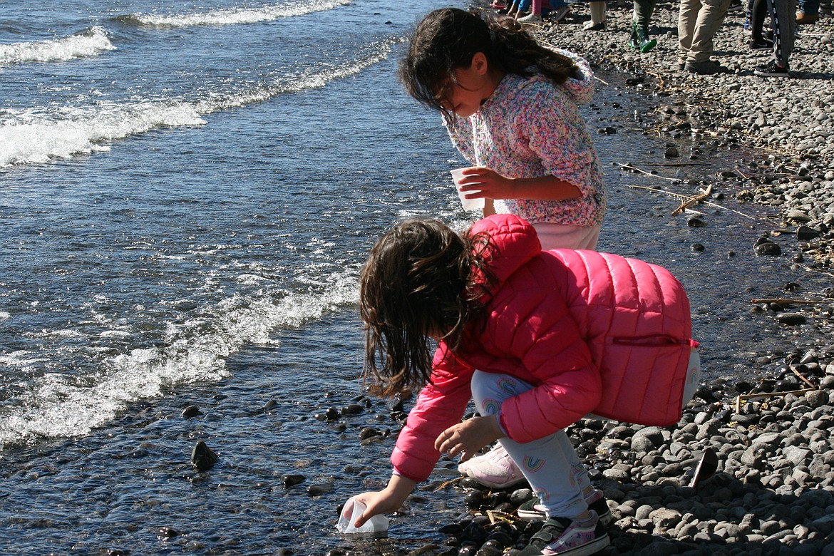 Melanie Campos (rear) and Harper Hubbard (front), Wahluke elementary students, watch as their salmon swim away - or in Harper’s case, refill the cup, complete with the fish, for a second try.