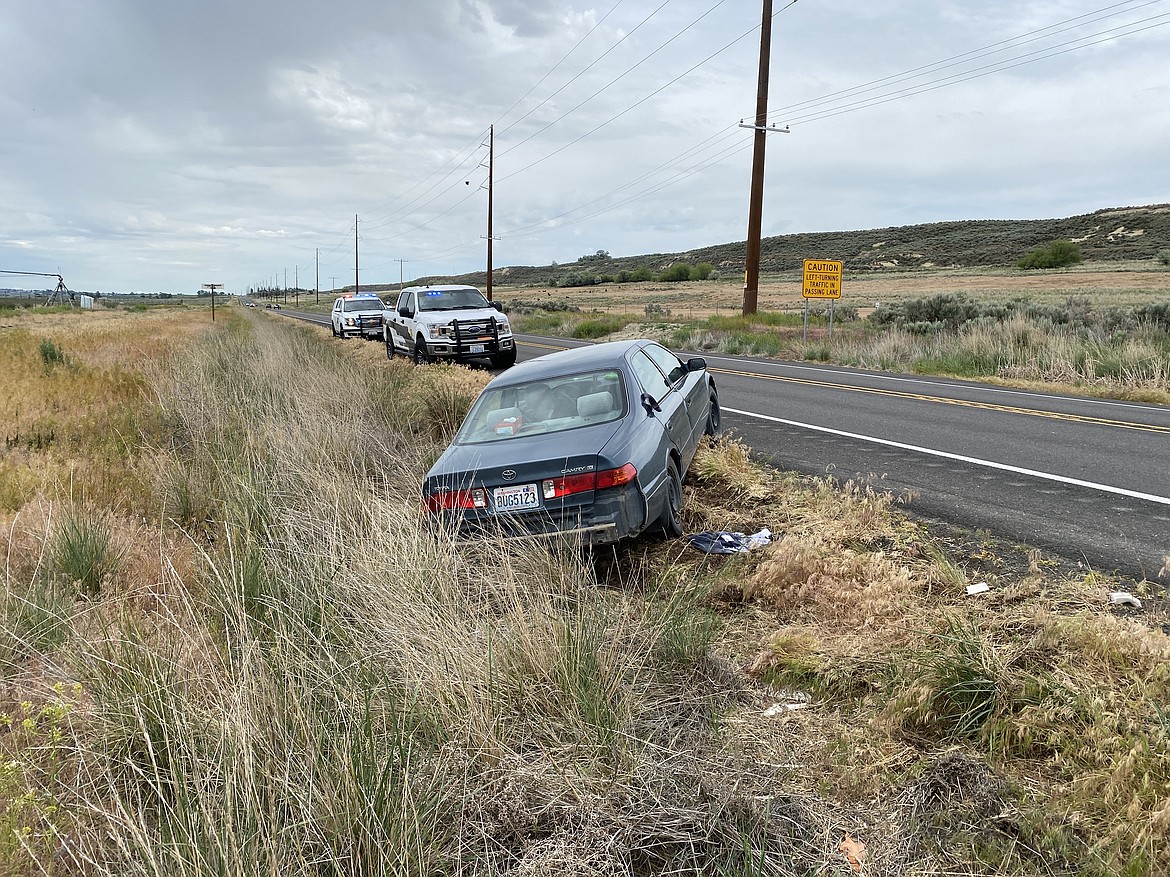 Three suspects are in Grant County Jail following a high-speed pursuit near Royal City Thursday. The suspects’ vehicle, shown here, was reportedly full of batteries that may have been stolen, the sheriff’s office said.