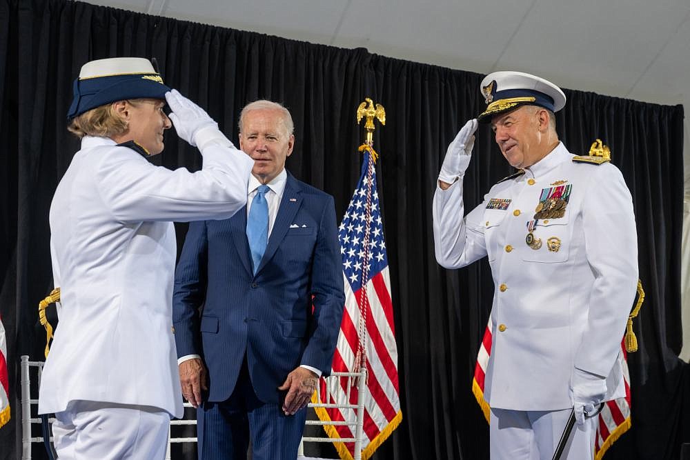 Adm. Linda Fagan relieves Adm. Karl Schultz as the 27th commandant of the Coast Guard during a change of command ceremony at Coast Guard headquarters June 1, 2022.