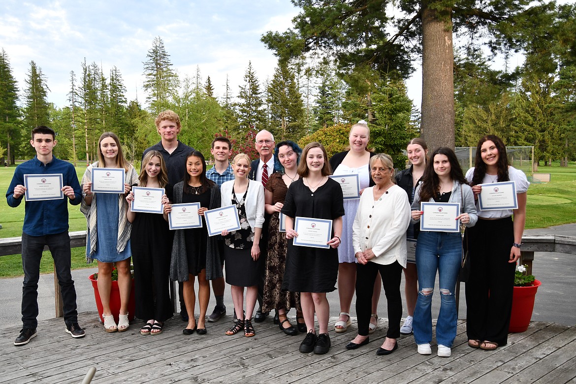 Pictured are students awarded scholarships from Sandpoint Elks Lodge No. 1736. Pictured in the front row, from left, are  Ben Jordan, Berklee Lane, Davalie Terry, Ava Mazzilli, Madison Duke, Sophie Dignan, Leslie Marshall, Elks scholarship chair,  and Ellen Clark. Pictured in the back row, from left, are Ethan Butler, Mason Mikolas, Dwight Sheffler, Exalted Ruler, Anna Auld, Sarah Casey, Sage Saccomanno, and Taylor Sadewic.  Not in attendance was Katelyn Mattson.