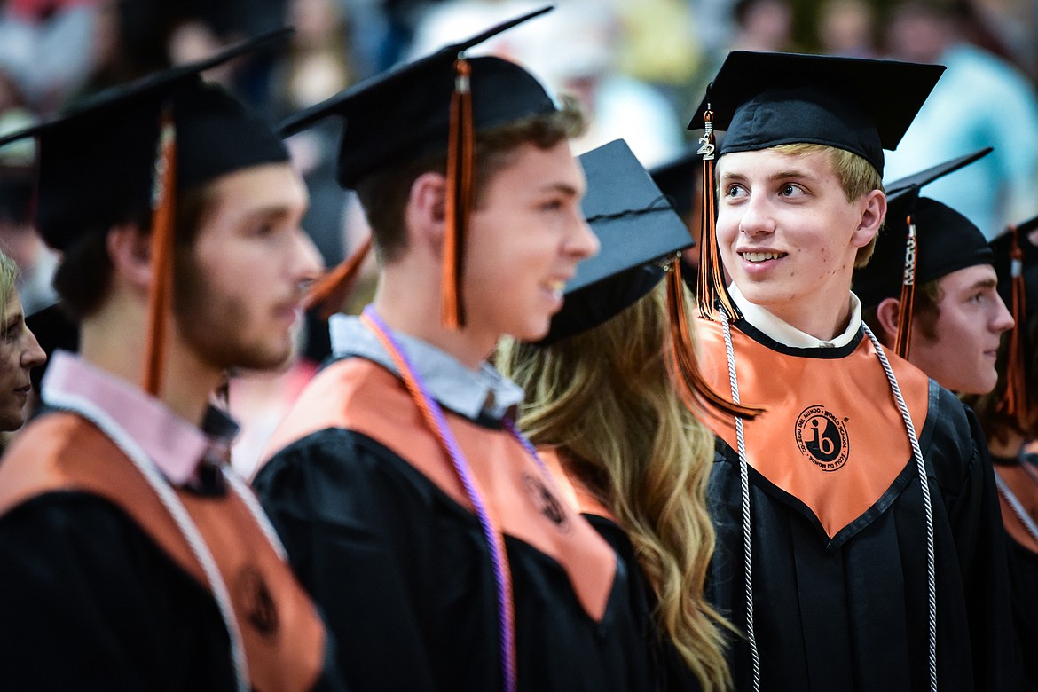 A graduate looks to the crowd and smiles at Flathead High School's Class of 2022 commencement ceremony on Friday, June 3. (Casey Kreider/Daily Inter Lake)
