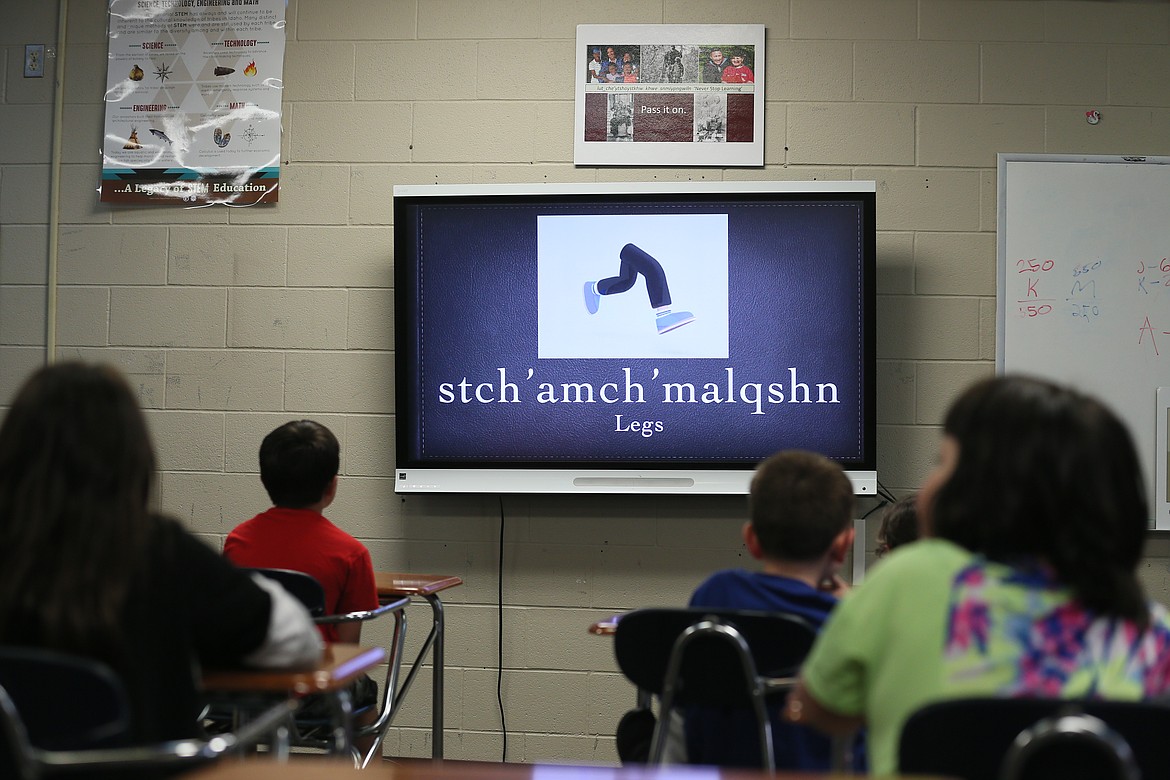 First-graders in James LaSarte-Whistocken's class learn the traditional Coeur d'Alene word for "legs" during a series of language lessons Friday.