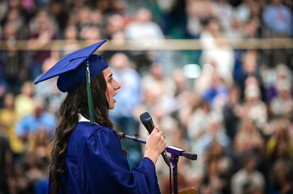Graduate Abigail Garza sings the national anthem during the Glacier High School Class of 2022 commencement ceremony on Saturday, June 4. (Casey Kreider/Daily Inter Lake)
