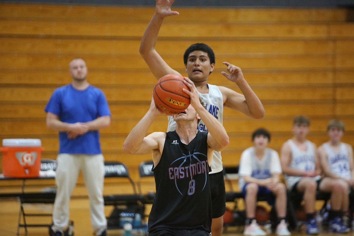 Soap Lake’s Jairo Lopez jumps behind an Eastmont player for a block during the Buckets in the Basin tournament.